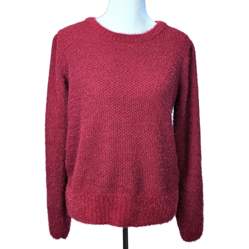 Red Eyelash Pullover Sweater Puff Sleeves Size Medium